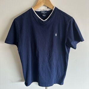 Ralph Lauren Deep Blue V-Neck Tee. Size large (24-16)